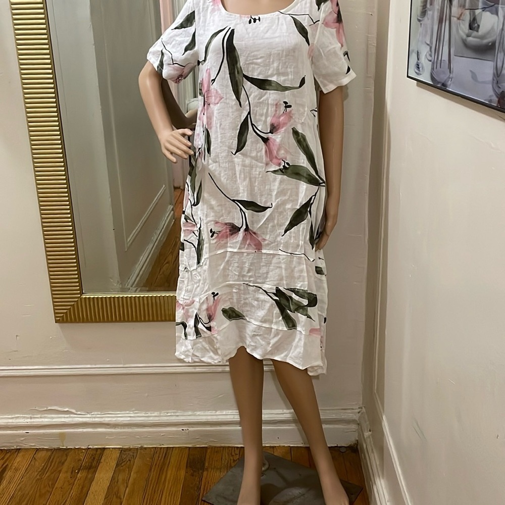 Lungo L’arno 100% Linen Italian flower print linen dress - Picture 3 of 11